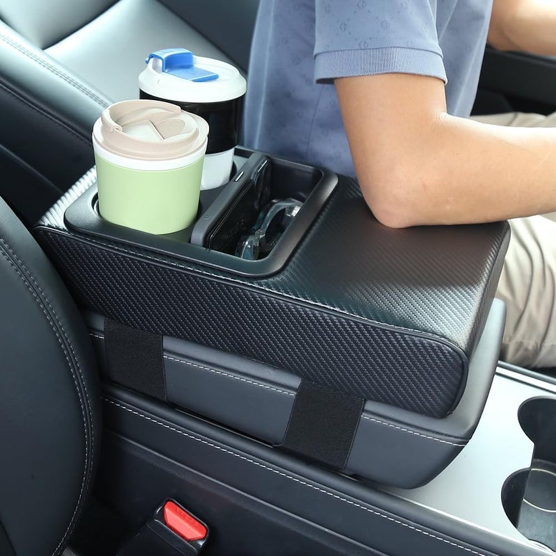 Supin Car Armrest Cushion - Multifunctional Faux Leather Armrest Cushion with Cup Holder, Phone Storage, and Ergonomic Design for All Seasons (Carbon Style) - Image 1